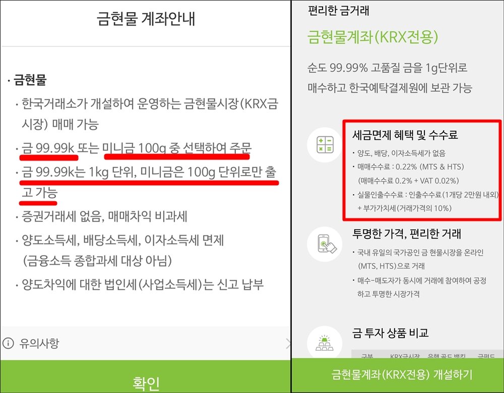금현물 계좌 안내 화면. 왼쪽에는 금 99.99k 또는 미니금 100g 단위 주문 가능, 출고는 금 1kg 단위 또는 미니금 100g 단위만 가능하다는 설명이 적혀 있음. 오른쪽에는 금현물계좌(KRX 전용) 특징과 함께 세금면제 혜택 및 수수료 안내가 빨간 박스로 강조됨.