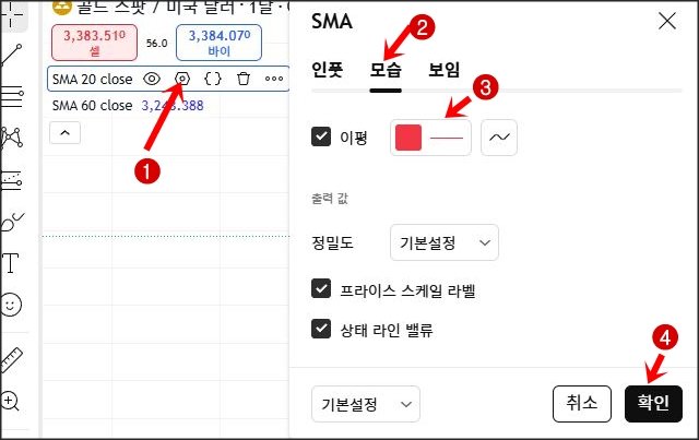 트레이딩뷰에서 SMA(이동평균선) 색상과 스타일 변경 방법. ① SMA 설정 아이콘 클릭, ② '모습' 탭 선택, ③ 색상·두께·선 스타일 변경, ④ 하단 확인 버튼 클릭.