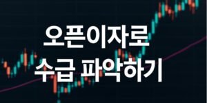 어두운 배경의 금융 차트를 바탕으로, 중앙에 흰색 굵은 글씨로 "오픈이자로 수급 파악하기"라는 문구가 정중앙에 배치된 썸네일 이미지. 배경에는 빨간색과 초록색 봉차트, 거래량 막대, 이동평균선이 함께 표시되어 있어 투자 관련 분위기를 강조하고 있다.