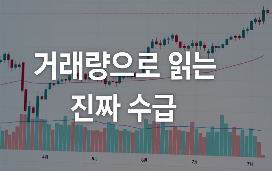 붉은색과 초록색 봉차트 위에 거래량 막대가 표시된 금융 차트를 배경으로, 중앙에 굵은 흰색 글씨로 "거래량으로 읽는 진짜 수급"이라는 문구가 정중앙에 배치된 썸네일 이미지. 배경에는 이동평균선과 함께 월별 시세 흐름이 표현되어 있으며, 전체적으로 수급 분석을 강조하는 구조다.