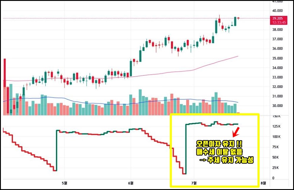 2025년 7월 기준 COMEX 은 선물 일봉 차트. 상단에는 가격 상승 추세가 나타나고 있으며, 하단에는 오픈이자 지표가 포함되어 있다. 7월 초 급증한 오픈이자가 이후 고점 근처에서 일정하게 유지되고 있는 모습이 강조되어 있고, 박스 안에는 '오픈이자 유지!! 매수세 이탈 없음 → 추세 유지 가능성'이라는 해석 문구가 삽입되어 있다.