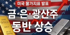 "미국 국기를 배경으로 금괴와 은괴, 상승 그래프가 함께 배치된 썸네일 이미지. 중앙에 '미국 물가지표 발표, 금·은·광산주 동반 상승'이라는 한글 텍스트가 강조되어 있다."