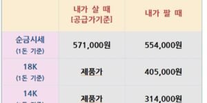 “2025년 8월 25일 기준 국내 금·은 시세표. 순금 1돈 살 때 571,000원, 팔 때 554,000원. 18K는 405,000원, 14K는 314,000원. 은 1kg 살 때 1,950,000원, 팔 때 1,800,000원.”