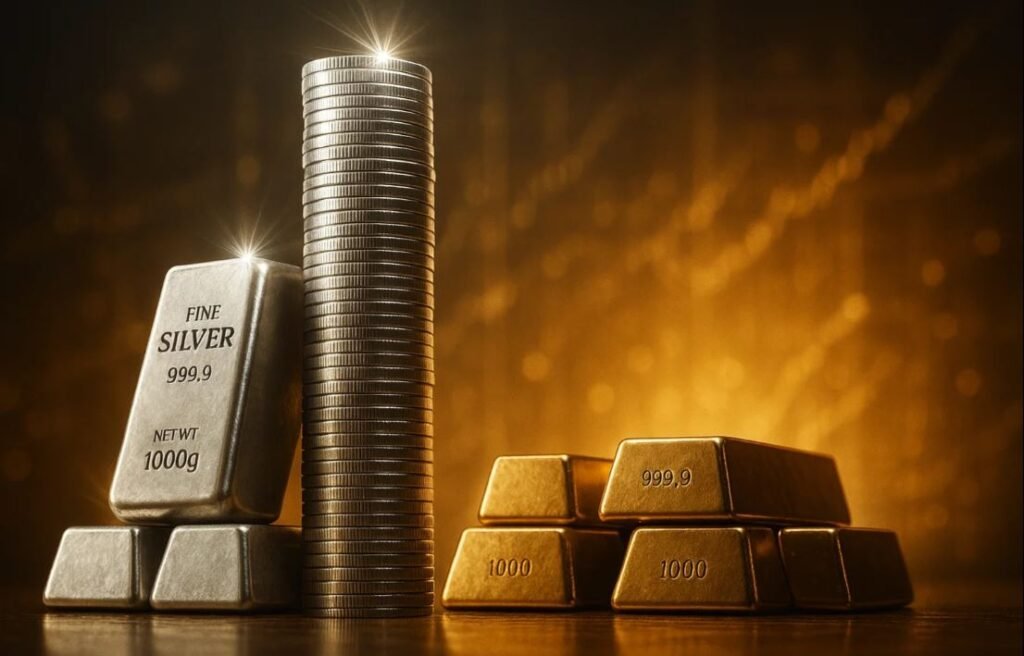 썸네일 이미지 : 은괴(1000g)와 은화 더미, 금괴가 함께 놓인 투자용 귀금속 이미지