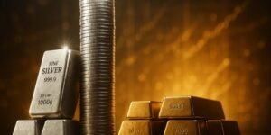 은괴(1000g)와 은화 더미, 금괴가 함께 놓인 투자용 귀금속 이미지