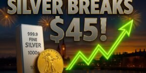 불꽃놀이가 배경으로 펼쳐진 야경 속에서 은괴와 금화가 함께 놓여 있고, 상단에는 "SILVER BREAKS $45!"라는 문구와 초록색 상승 화살표가 강조된 이미지