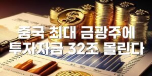 썸네일 금화와 금괴가 쌓여 있는 배경 위에 “중국 최대 금광주에 투자자금 32조 몰린다”라는 문구가 굵은 흰색 글씨로 중앙에 배치된 썸네일 이미지.