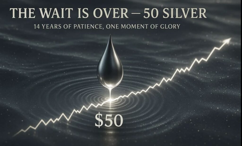 은가격 50달러 돌파를 상징하는 이미지로, 검은 배경 위에 은빛 물방울이 떨어지며 파문이 퍼지고, 그 아래에는 "$50" 숫자가, 위에는 "THE WAIT IS OVER — 50 SILVER / 14 YEARS OF PATIENCE, ONE MOMENT OF GLORY" 문구가 새겨져 있다. 상승하는 차트선이 오른쪽 위로 뻗어 있으며, 은값의 역사적 상승을 상징한다.
