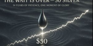 은가격 50달러 돌파를 상징하는 이미지로, 검은 배경 위에 은빛 물방울이 떨어지며 파문이 퍼지고, 그 아래에는 "$50" 숫자가, 위에는 "THE WAIT IS OVER — 50 SILVER / 14 YEARS OF PATIENCE, ONE MOMENT OF GLORY" 문구가 새겨져 있다. 상승하는 차트선이 오른쪽 위로 뻗어 있으며, 은값의 역사적 상승을 상징한다.