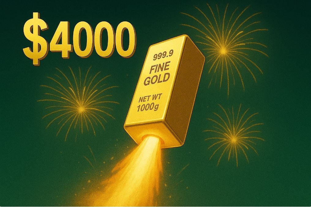 $4000 표식과 함께 금괴(999.9 FINE GOLD, 1000g)가 로켓처럼 불꽃을 내뿜으며 하늘로 솟아오르는 장면. 배경에는 금빛 폭죽이 터지며 축하 분위기를 연출하고 있다.
