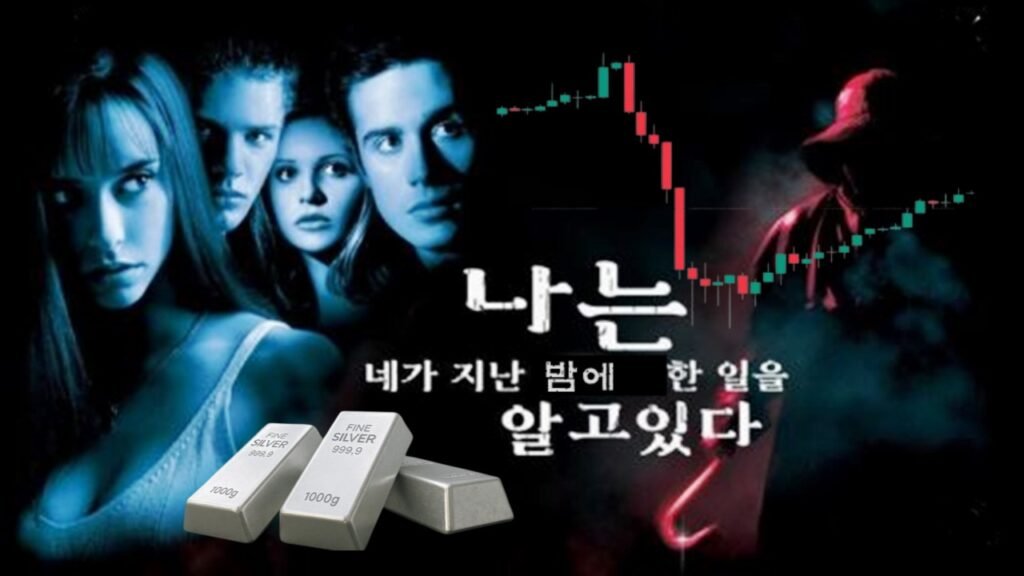공포 영화 포스터 패러디 이미지, "나는 네가 지난 밤 한 일을 알고 있다" 문구와 함께 실버바와 급락 후 반등하는 은 시세 차트가 삽입된 디자인.