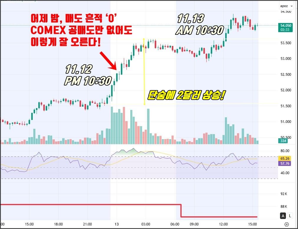 실“2025년 11월 12일 밤 10시 30분부터 11월 13일 오전 10시 30분 사이 현물 은 가격이 단숨에 2달러 이상 급등한 차트 이미지. 뉴욕장(COMEX)에서 공매도 흔적이 사라진 뒤 강한 상승이 발생했고, 아시아장에서도 상승세가 이어져 54달러를 돌파한 흐름을 강조하는 설명 문구가 포함되어 있음.”