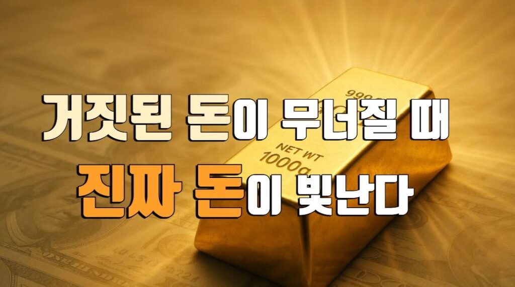 빛나는 금괴 위에 “거짓된 돈이 무너질 때, 진짜 돈이 빛난다”라는 문구가 새겨진 이미지로, 금의 가치와 진정한 화폐의 의미를 상징적으로 표현한 썸네일입니다.