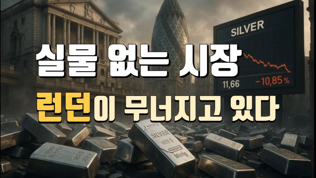 런던 금융가 배경에 쌓여 있는 은괴 더미와 급락하는 실버 시세 전광판이 보이는 이미지. 중앙에는 ‘실물 없는 시장, 런던이 무너지고 있다’는 문구가 강조되어 있다.