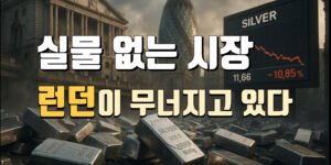 런던 금융가 배경에 쌓여 있는 은괴 더미와 급락하는 실버 시세 전광판이 보이는 이미지. 중앙에는 ‘실물 없는 시장, 런던이 무너지고 있다’는 문구가 강조되어 있다.