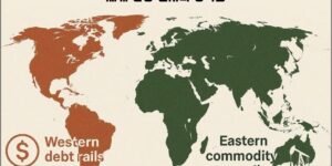 세계 지도 위에 서구는 달러 중심 부채 기반 결제망, 동구는 원자재 기반 결제망으로 구분된 양극화된 글로벌 금융 구조를 보여주는 이미지