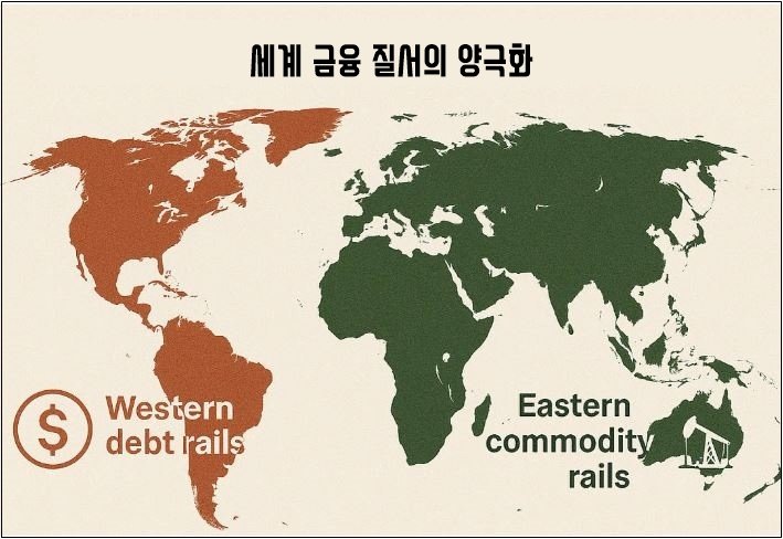 2026년, BRICS가 세계 결제 시스템을 바꾼다… 핵심은 ‘금 40%’ 세계 지도 위에 서구는 달러 중심 부채 기반 결제망, 동구는 원자재 기반 결제망으로 구분된 양극화된 글로벌 금융 구조를 보여주는 이미지