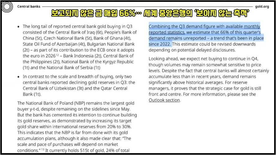 세계금협회(gold.org) 보고서 화면으로, 중앙은행들의 금 매입 현황을 설명하는 문서 일부가 보이며, ‘분기 금 수요의 약 66%가 공식 통계에 보고되지 않았다’는 문장이 강조되어 있다. 중앙은행의 비공식 금 매입 규모를 시사하는 내용이다.