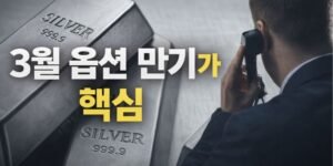 은색 실버바 두 개가 화면 왼쪽에 크게 배치되어 있고, 중앙에는 굵고 선명한 글씨로 “3월 옵션 만기가 핵심”이라는 문구가 강조되어 있습니다. 배경은 어둡고 단순한 톤이며, 오른쪽에는 전화기를 귀에 댄 인물이 흐릿하게 보이는 16:9 비율의 썸네일 이미지입니다.