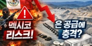 멕시코 국기와 무장 인물이 보이는 배경에 폭발 장면이 합성된 이미지. 대형 노천 은 광산 전경 위로 붉은 하락 화살표가 내려가고 있으며, 화면 하단에는 실버바와 은화가 놓여 있다. 이미지에는 “멕시코 리스크!” “은 공급에 충격?”이라는 문구가 강조되어 있다.