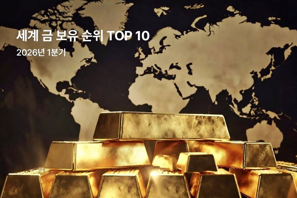 세계 금 보유 순위 TOP 10을 나타내는 금괴 이미지와 글로벌 지도 배경 (2026년 1분기)