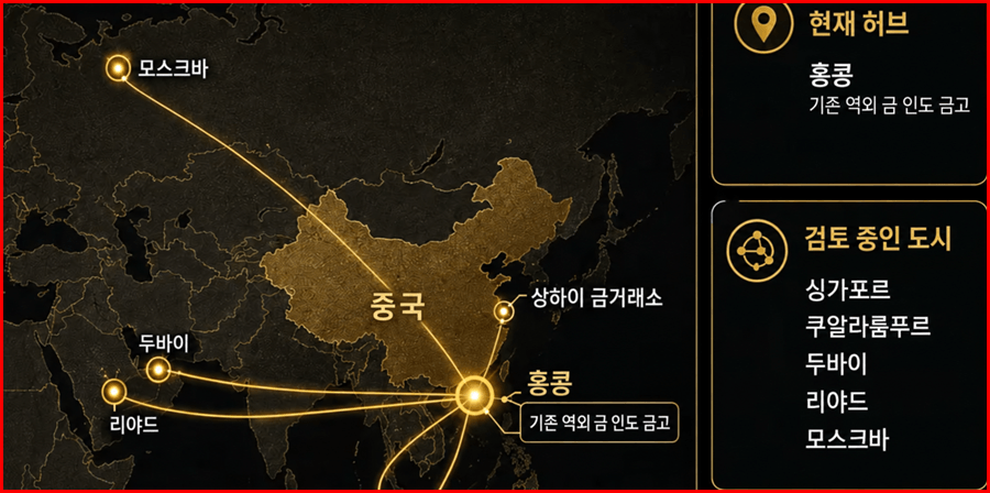 중국-홍콩을 중심으로 싱가포르·쿠알라룸푸르·두바이·리야드·모스크바로 뻗어나가는 금 허브 네트워크를 표현한 지도형 인포그래픽
